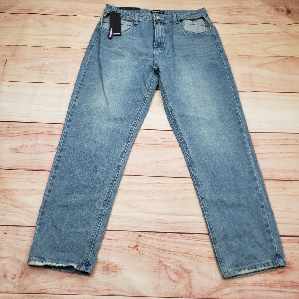 MOMOKROM Cut Out‎ Pocket Straight Leg Jeans Women Size 28 Light Blue Wash NEW